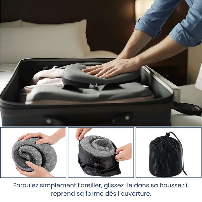 oreiller memoire de forme voyage gris fonce avec clips ajustable, utilisé dans une scène explicative démontrant la méthode de pliage et de rangement pratique