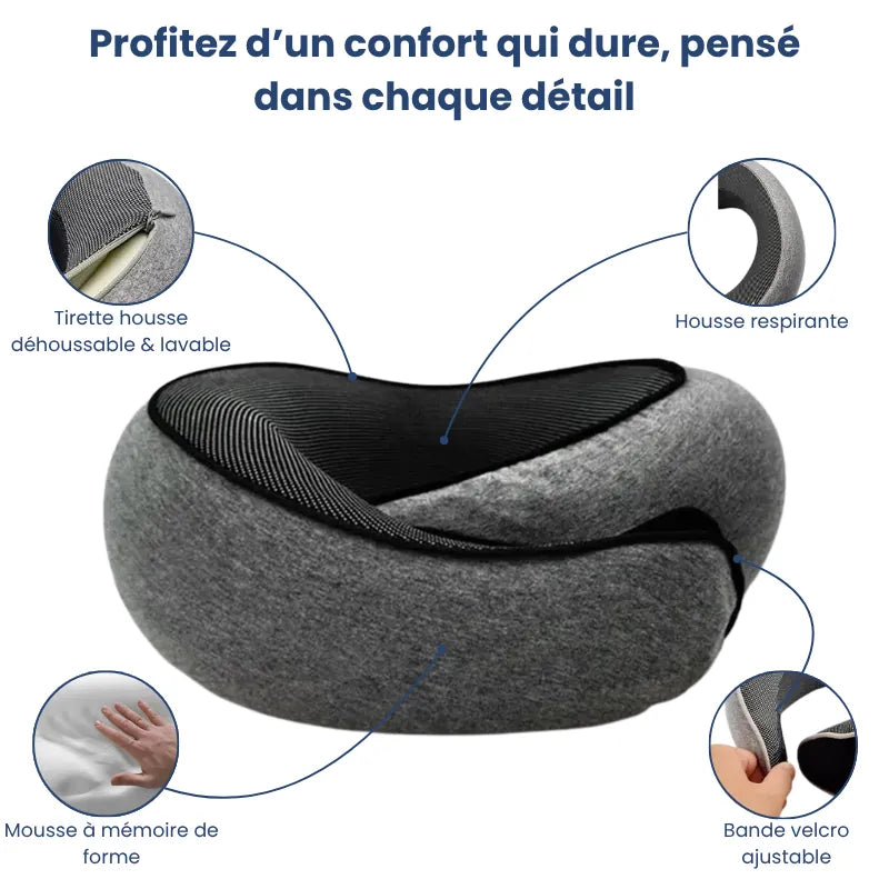 Oreiller mémoire de forme voyage gris foncé mettant en avant ses détails techniques : tirette solide, mousse à mémoire de forme respirante et velcro ajustable