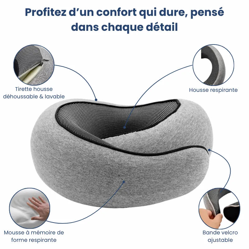 Oreiller mémoire de forme voyage gris illustrant ses fonctionnalités techniques avec pictogrammes : tirette déhoussable, mousse à mémoire de forme respirante et velcro ajustable