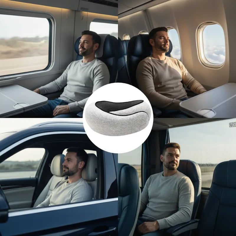 Oreiller à mémoire de forme de voyage gris clair au centre d’une composition montrant quatre modes de transport (train, avion, voiture, bus)