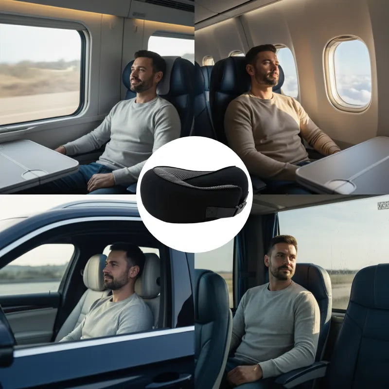 oreiller memoire de forme voyage noir avec clips ajustable, illustré dans une scène multitransport mettant en avant son confort dans différents modes de déplacement