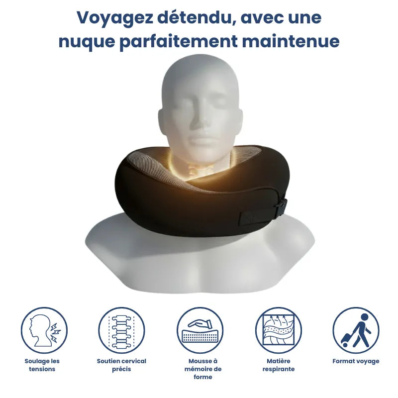 oreiller memoire de forme voyage noir avec clips ajustable, présenté sur mannequin, démontrant la position cervicale maintenue