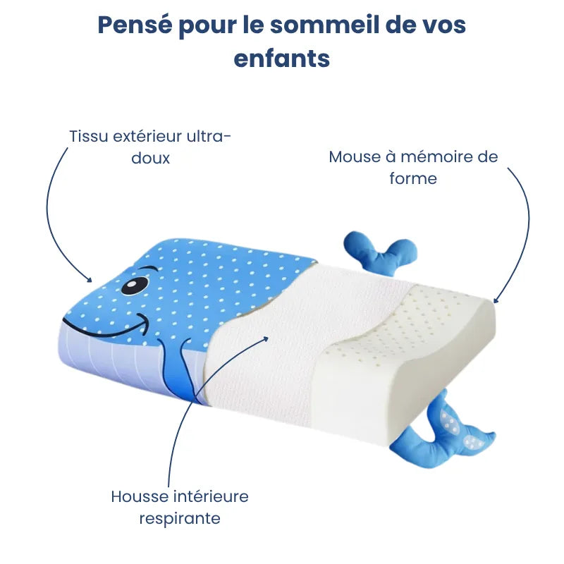 Oreiller mémoire de forme enfant motif baleine avec partie ouverte dévoilant la mousse à mémoire de forme et la housse intérieure respirante, pour un confort doux et sécurisé.