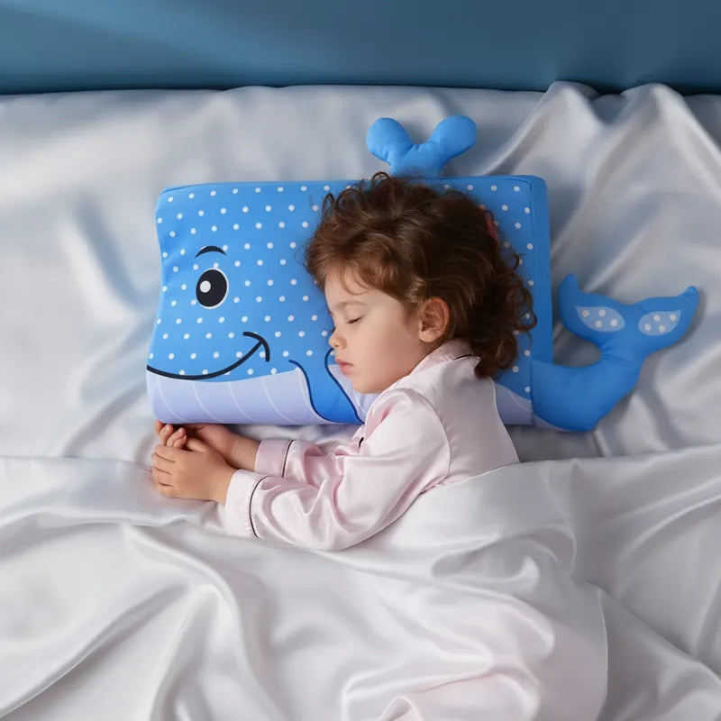 Enfant endormi paisiblement sur un oreiller mémoire de forme enfant baleine dans une ambiance douce et premium