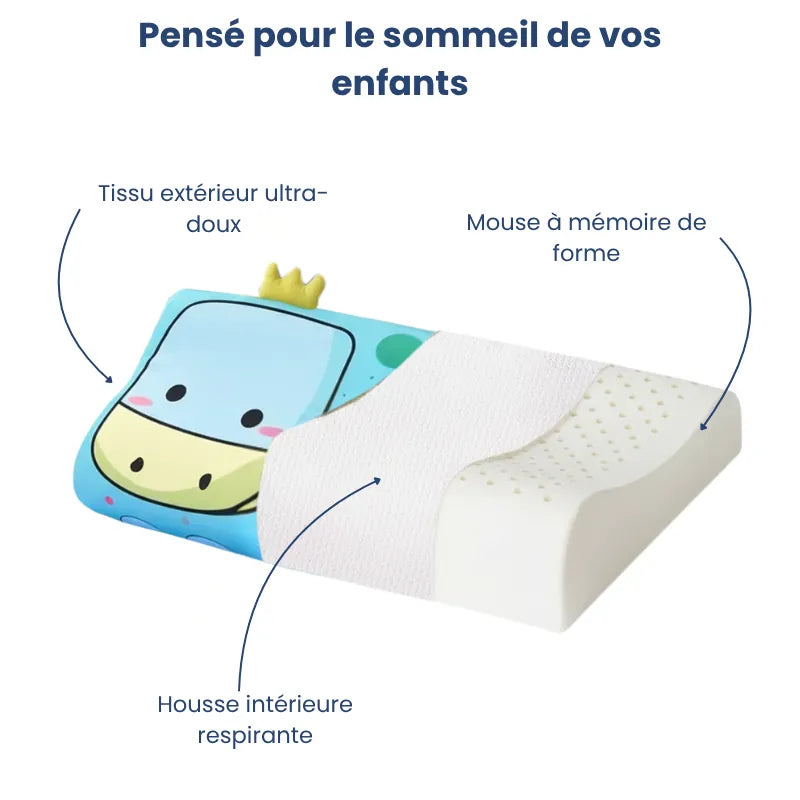 Oreiller mémoire de forme enfant motif dinosaure avec découpe illustrant la mousse à mémoire de forme et la housse respirante, conçu pour le confort nocturne des enfants.