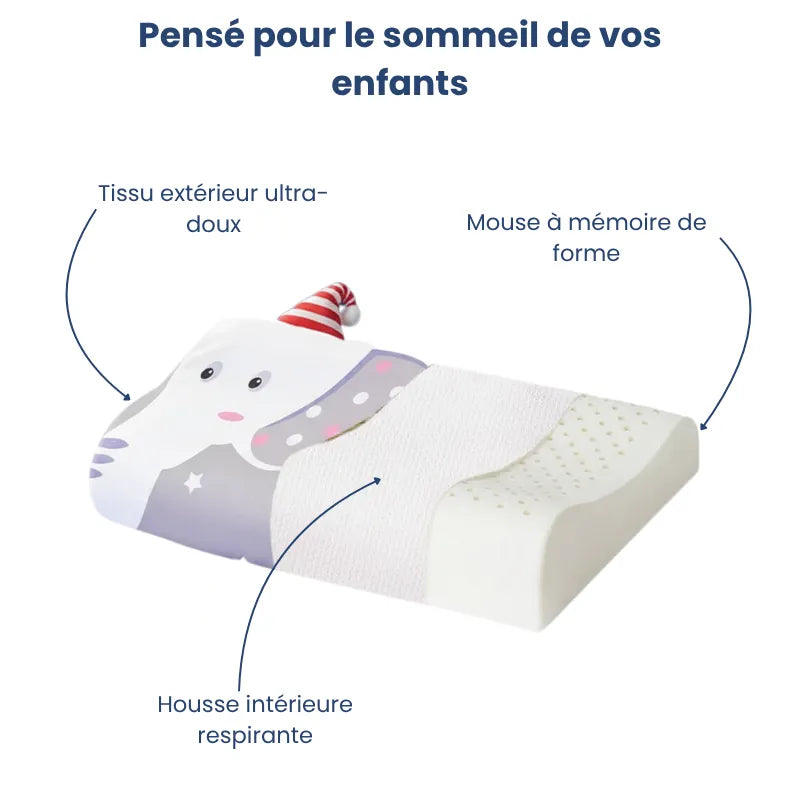 Oreiller mémoire de forme enfant motif éléphant avec découpe montrant la mousse à mémoire de forme et la housse douce, idéal pour un sommeil sain et paisible.