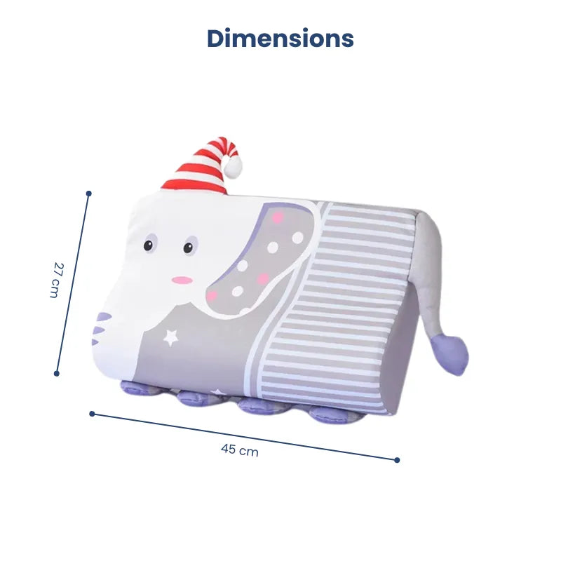 Oreiller mémoire de forme enfant motif éléphant, avec mesures 45 cm par 27 cm affichées, illustrant les dimensions du coussin ergonomique.