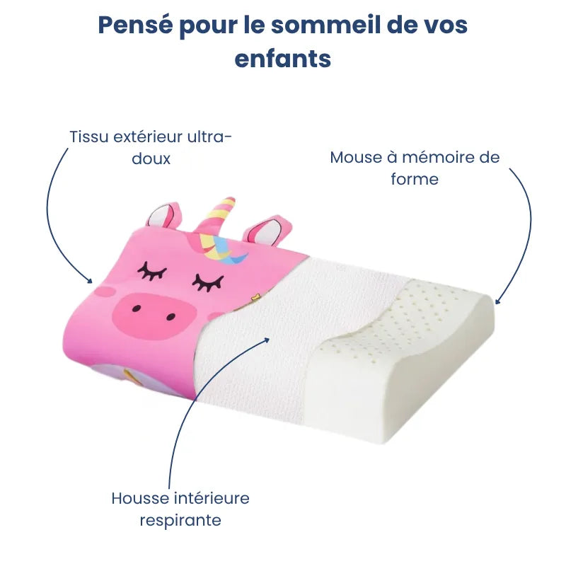 Oreiller mémoire de forme enfant motif licorne avec partie ouverte montrant la mousse viscoélastique et la housse intérieure respirante, alliant douceur et maintien.