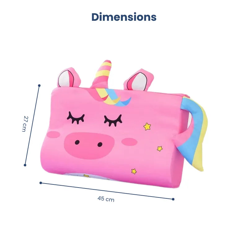 Oreiller mémoire de forme enfant motif licorne, avec indication claire des dimensions 45 cm sur 27 cm, représentant la taille réelle du produit.