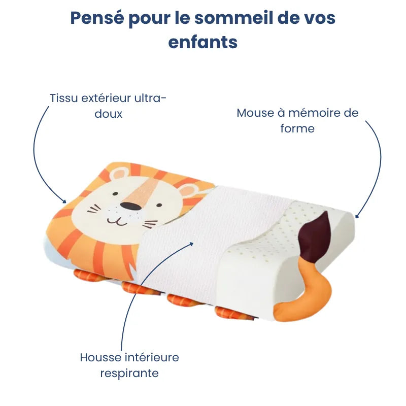 Oreiller mémoire de forme enfant motif lion avec découpe montrant la mousse viscoélastique et la housse respirante, conçu pour un sommeil apaisé et confortable.