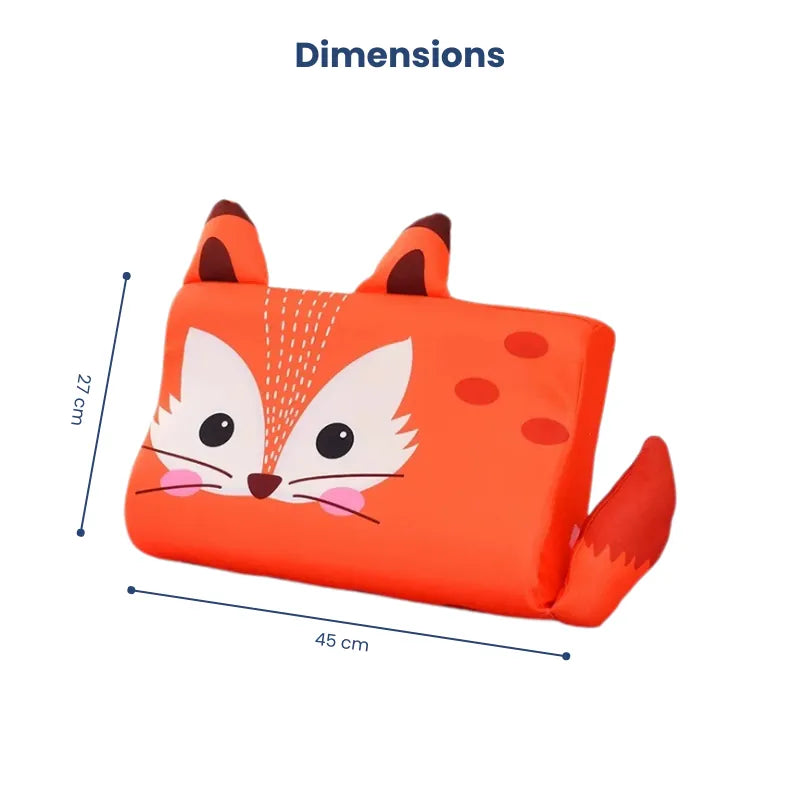 Oreiller mémoire de forme enfant motif renard, avec flèches de mesure indiquant 45 cm sur 27 cm, pour visualiser la taille réelle du coussin.