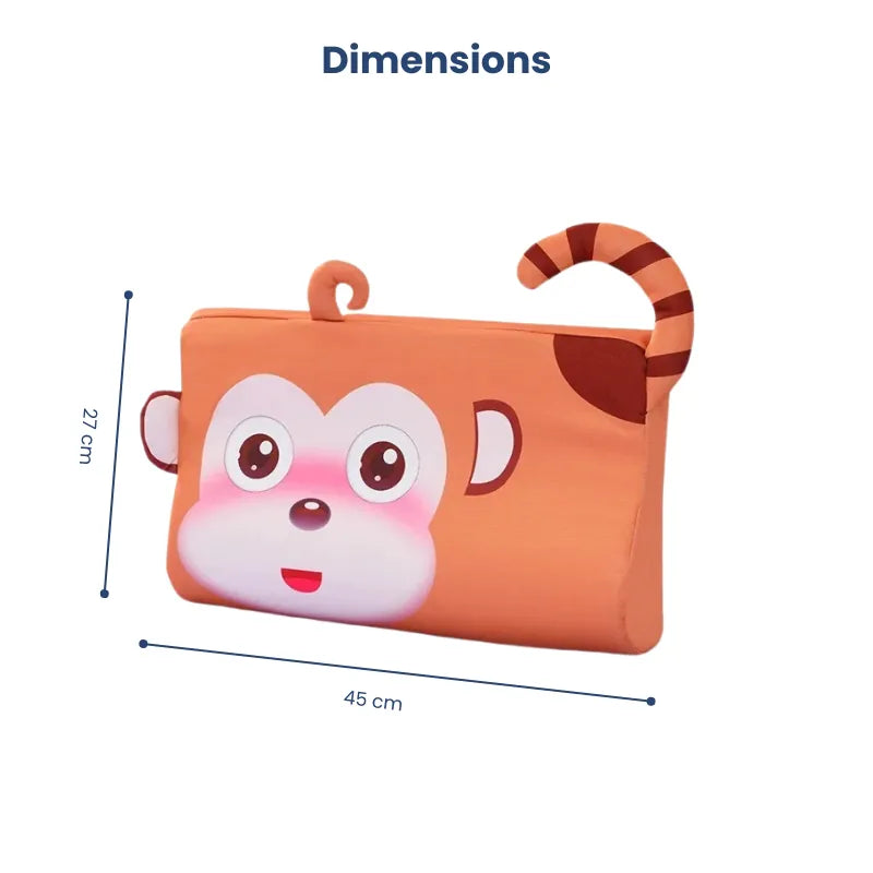 Oreiller mémoire de forme enfant motif singe, avec repères de dimensions 45 cm sur 27 cm, pour visualiser la taille exacte de l’oreiller.