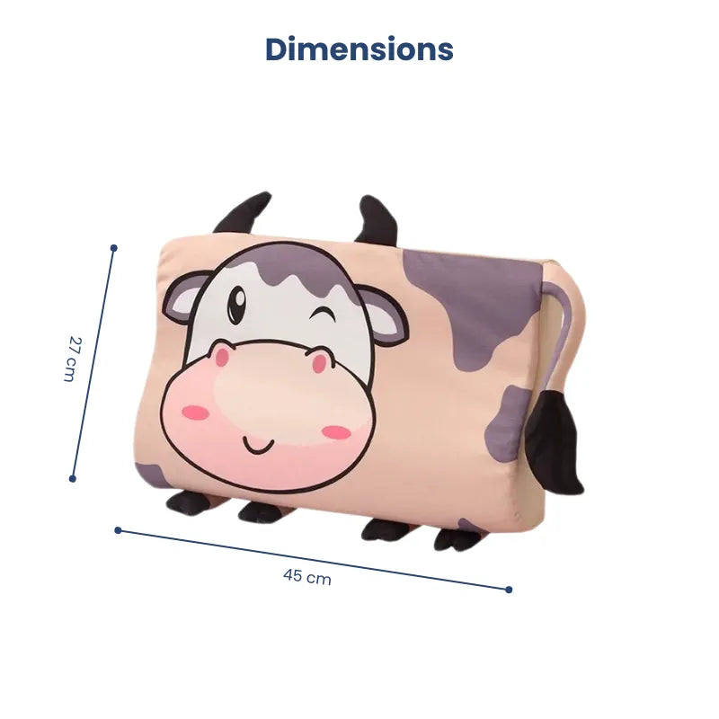 Oreiller mémoire de forme enfant motif vache, avec dimensions 45 cm sur 27 cm affichées, permettant de visualiser la taille du produit.
