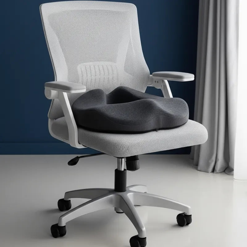 Coussin ergonomique gris foncé posé sur une chaise de bureau moderne, mis en scène dans une ambiance premium
