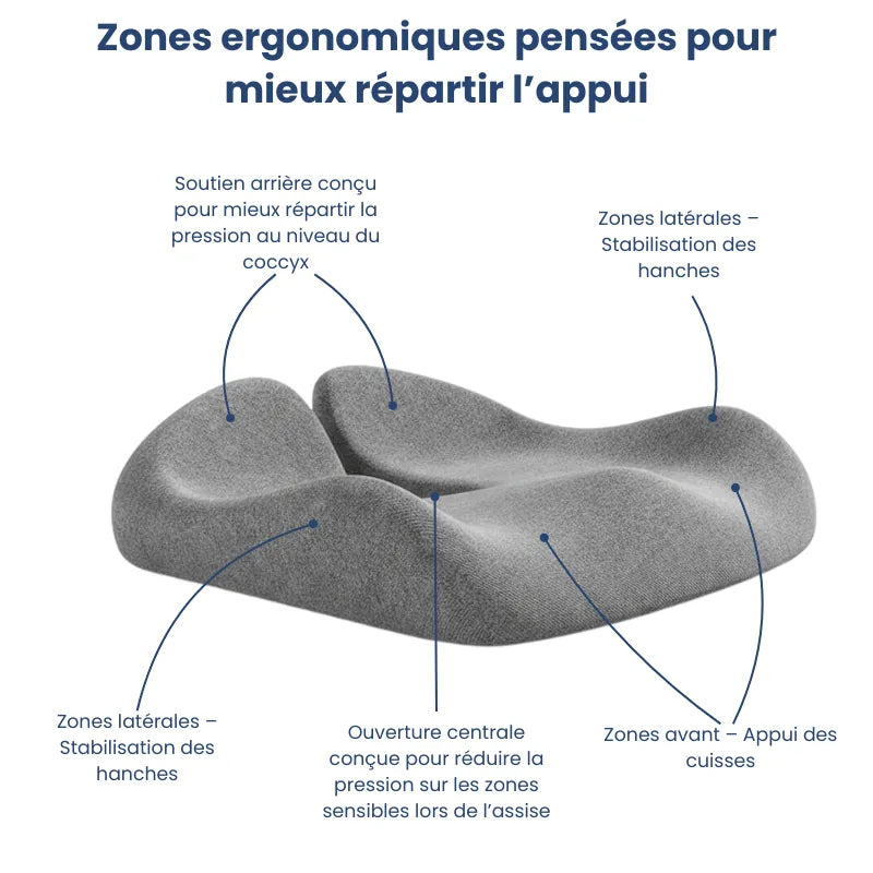 Schéma des zones ergonomiques du coussin pour fauteuil de bureau gris clair montrant le soutien du coccyx, des hanches et des cuisses